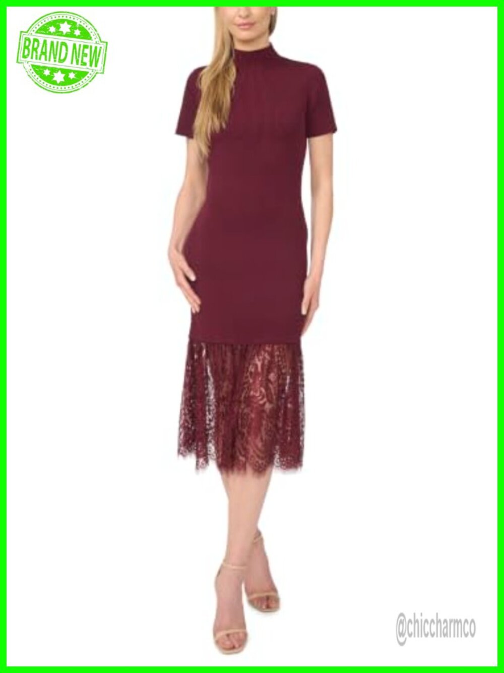 High Neck Short Sleeve Sweater Midi Dress Lace Panel Hem